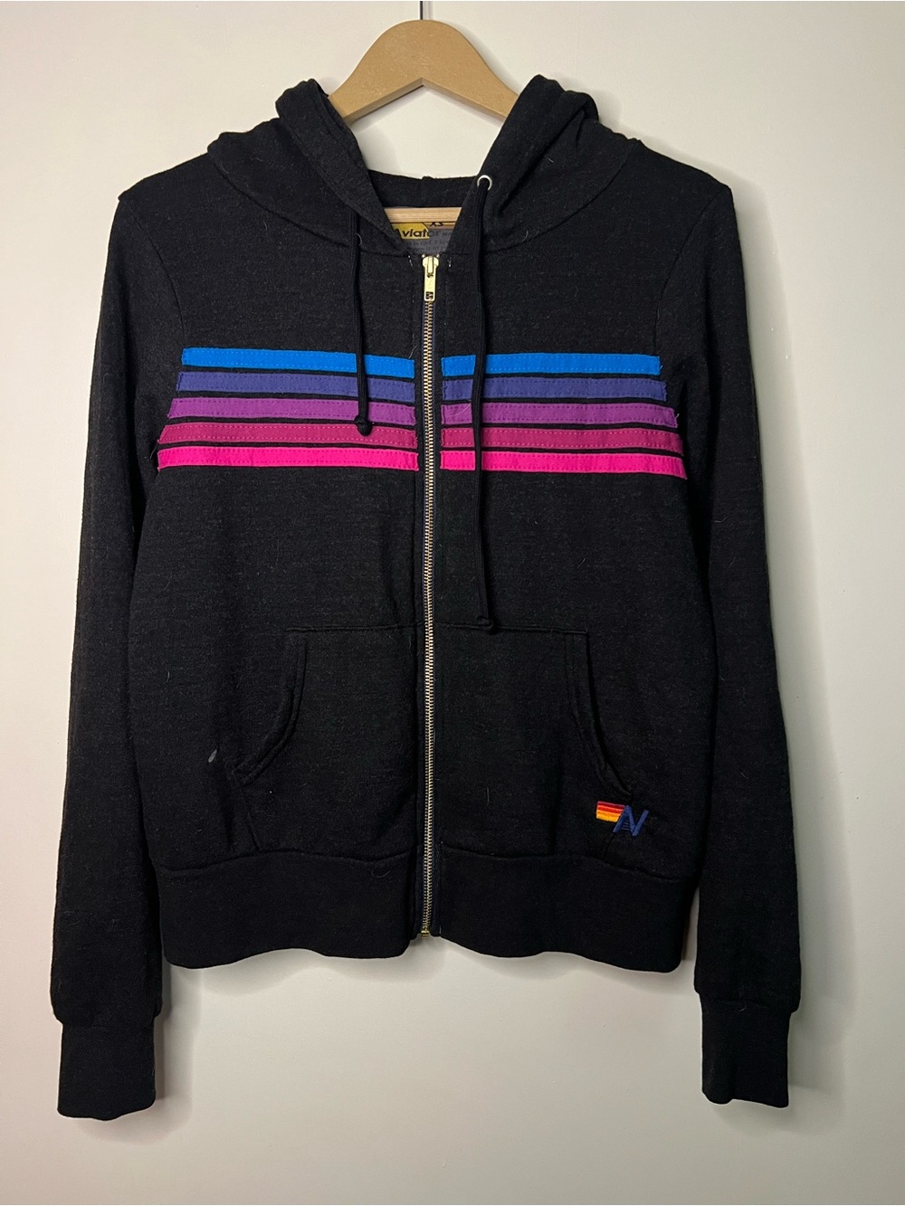 Aviator Nation Rainbow 5 Stripe Black Full Zip Hoodie Size XS *FLAW*